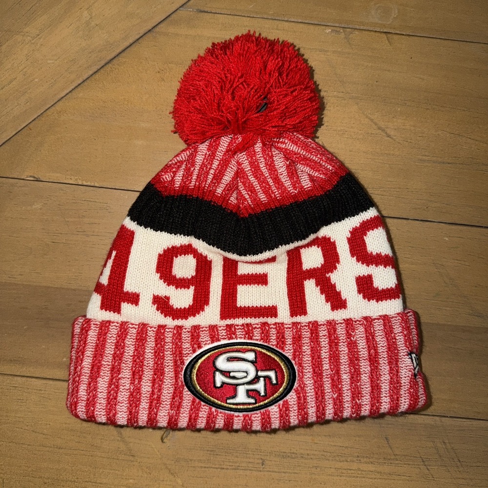 San Francisco 49ers NFL Vintage Knit Pom Pom Beanie Hat Red White Black